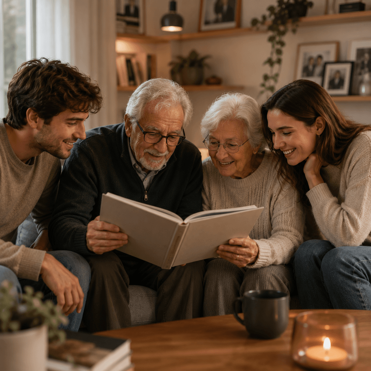 Una familia compartiendo recuerdos alrededor de un libro